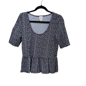 Maeve Anthropologie Leopard Print Peplum Black White Scoop Neck Short Sleeve L
